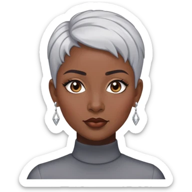 "- Nữ
- 30 tuổi
- Da đen
- Tóc ngắn, nhuộm bạc
- Đeo khuyên tai
- Slay
- mặt cằm nhọn sticker