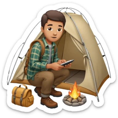 A man wearing a flannel shirt and backpack, setting up a tent with focused hands sticker