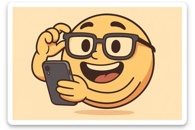 fun cartoon style emoji holding a phone and wearing glasses, colorful and playful sticker