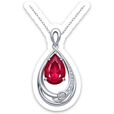 teardrop ruby pendant with delicate silver chain, slightly tilted, inside glowing cosmic embryo surrounded by asymmetrical swirling stardust and fiery trails, radiating ethereal magic sticker