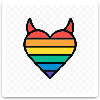 minimalist devil heart icon, geometric heart with sharp horns, rainbow stripes, pride theme sticker