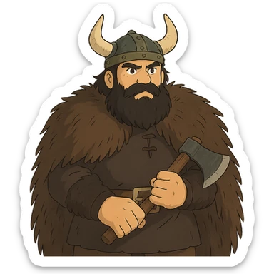 ghibli style viking with black beard and fur coat sticker
