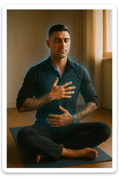 A highly realistic, cinematic portrait of a man in his early 30s with a calm, focused expression, sitting cross-legged on a yoga mat in a softly lit room. His eyes are closed, and he is performing deep diaphragmatic breathing, with one hand resting on his chest and the other on his abdomen, visibly rising and falling with each breath. A subtle glow or faint blue light outlines his body, symbolizing calm energy and nervous system regulation. Around him, faint symbolic waves or flowing lines in blue tones represent the breath calming the autonomic nervous system, while a soft warm light from a window illuminates his relaxed face. The atmosphere is peaceful and grounded, with warm natural tones and a clean, minimalist setting, evoking the feeling of inner calm and nervous system reset through conscious breathing. Style: 35mm hyperrealistic film photography, soft depth of field, warm lighting with clear focus on the man's peaceful face and breathing posture sticker