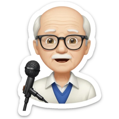 singer, Old man, singing to mic, white shirt glasses sticker