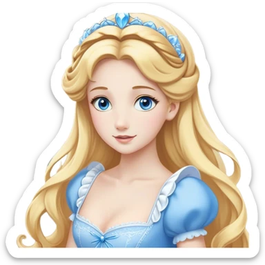 Cinematic Elegant Cinderella Portrait Emoji, Graceful and poised in her classic maid attire, golden locks cascading softly, bright blue eyes full of hope, a gentle glow of kindness and determination, delicate and humble yet undeniably beautiful, evoking the moment before her magical transformation, pure enchantment in her gaze! sticker