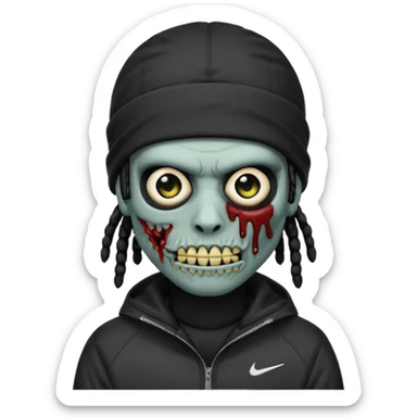 a zombie emoji with black dreads and a black nike jacket and black nike ski mask on his head sticker