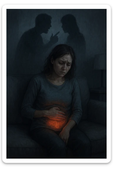 Donna sui 30 anni seduta su un divano, con una mano sull’addome e un'espressione visibilmente provata e triste. Intorno a lei, l’atmosfera è opaca e pesante, con toni freddi. Un’ombra simbolica dietro di lei rappresenta un evento stressante recente (es. un litigio o una perdita). Sul corpo, un lieve bagliore localizzato nella zona intestinale, a simboleggiare il dolore e l'infiammazione. Ambiente domestico, luci basse, emozione visibile. Stile realistico o metaforico con elementi emozionali e viscerali. sticker