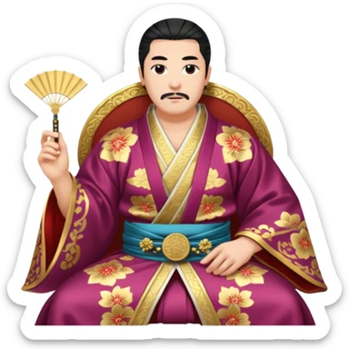 Wealthy warlord in ornate kimono, crest on chest, seated with fan in hand. sticker