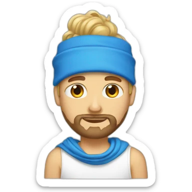 blonde guy with a taper fade, a beard, blue eyes, a big nose, a scarf in the forehead, a white tee sticker