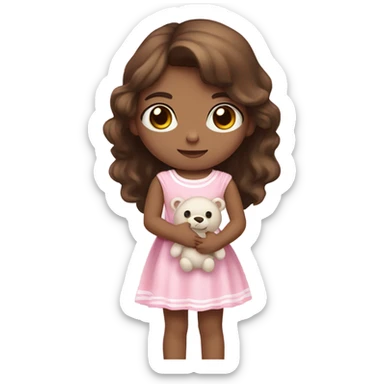 Little Girl with White skin, black eyes.  brown hair with. She is wearing a pink and White dress, standing and holding on to a teddybear. sticker