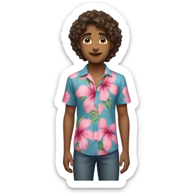 a teenager with wavy hair long eyelashes and a blue and pink hibiscus flower shirt brown eyes standing straight looking at the camera not smiling  sticker