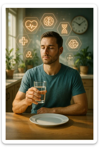 A realistic, cinematic illustration of a healthy, calm man in his early 30s sitting in a bright kitchen in the morning, with an empty plate in front of him and a glass of water in his hand, looking serene and focused. Behind him, the background shows subtle symbols of health: green plants, sunlight streaming in, and a blurred wall clock showing 10:00, symbolizing the fasting window. Above the man, a translucent overlay of medical icons (heart, brain, DNA strand) glows softly, illustrating that intermittent fasting acts as a powerful medicine, not merely a diet. The color palette is fresh and natural, emphasizing health, clarity, and focus. The style is realistic with slight cinematic tones, conveying that the man is using intermittent fasting as a tool for cellular regeneration, inflammation reduction, and health optimization rather than weight loss sticker
