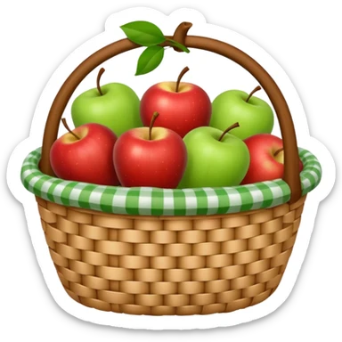 woven basket with apples and white checkered cloth, green sticker