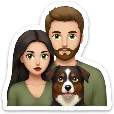 Thin white guy with beard and widows peak and green eyes and large pointy nose in olive green long sleeve AND One latina girl with long beautiful dark hair and dark eyes in a dark red v neck and makeup with her black tri colored  Australian shepherd large sticker