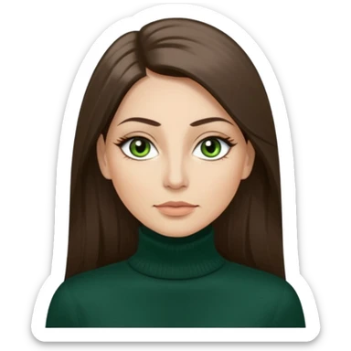 40 year old Adult woman avatar, light skin tone, oval face, long straight ashy brown hair, green almond-shaped eyes with dramatic eyelashes and minimal eyeliner, neutral mouth, medium straight eyebrows, small nose, smooth skin sticker