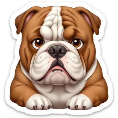 Cinematic Noble Brown and White English Bulldog Portrait Emoji, Poised and regal, with a robust, muscular build and a short, well-groomed coat of rich brown and white, deep-set soulful brown eyes, Simplified yet sharp and sophisticated features, highly detailed, glowing with a soft, dignified glow, high shine, intelligent and steadfast, stylized with an air of authority, focused and attentive, soft glowing outline, capturing the essence of a watchful and confident guardian, so majestic it feels as though it could lumber out of the screen with effortless authority! sticker
