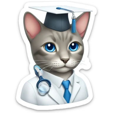 The cat is a scientist, with a square academic cap of blue color. sticker