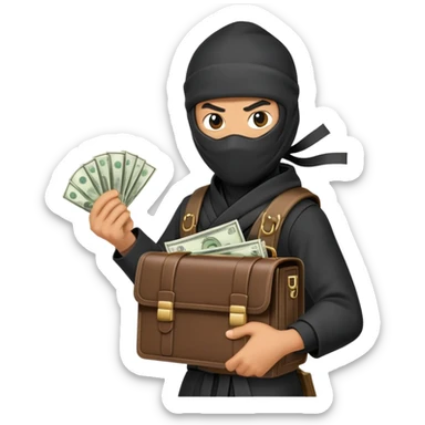 Stealthy ninja holding open money briefcase showing cash inside sticker