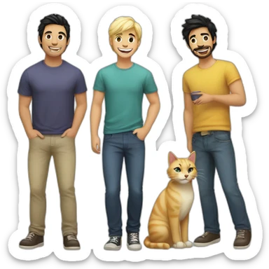 Gay couple, 1 guy Latino black hair and 1 Australian guy blonde hair with a cat laughing full body sticker