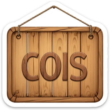 wooden shop sign hanging by two strings, sticker