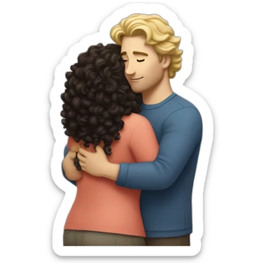 White man with dark curly hair hugging a blonde big woman sticker