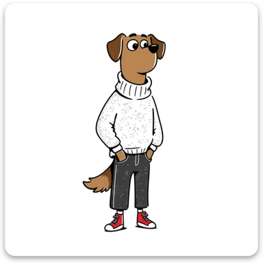 Brown dog standing upright with hands in jean pockets, wearing a white sweater and red shoes sticker