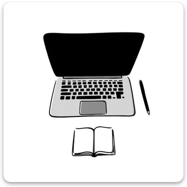 top view of a MacBook and a notebook with a pen nearby sticker