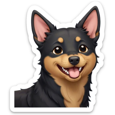 Cinematic Cute Yawning Black and Tan Kelpie Portrait Emoji, Head tilted slightly with a dramatic, wide-open yawn, showcasing a smooth black Fur with distinct tan accents, floppy ears slightly drooping, round dark eyes barely open in drowsy contentment, Simplified yet irresistibly adorable features, highly detailed, glowing with a soft, cozy glow, high shine, relaxed yet expressive, stylized with a touch of whimsy, bright and endearing, soft glowing outline, capturing the essence of a sleepy yet affectionate herder, so drowsy it feels like it could stretch out of the screen and curl up for a nap! sticker