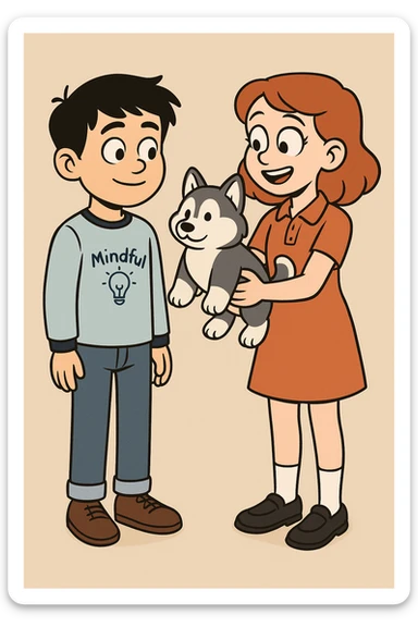 A boy Mindful Blue Original Long Sleeve T blue jeans brown shoe Chinese boy black hair Ringer T White Navy red trousers black shoe Siberian Girl red hair Orange Pro polo dress with socks black loafer a shoe Husky plushie  sticker