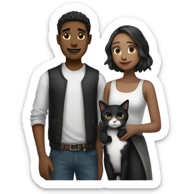 A guy and a girl with fair skin are standing next to each other and holding a black and white cat in their arms sticker