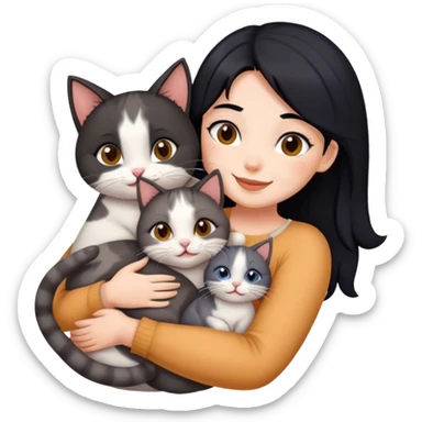 happy girl with black hair hugging three cats  (tricolour cat, gray cat, brown calico cat) sticker