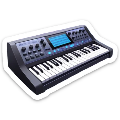 Create a professional and artistic emoji that represents sound design. The design should feature essential sound design equipment, including a high-end Korg synthesizer, a sound mixing console with visible wires, large studio speakers, and a microphone. Surround the equipment with flowing, abstract sound waves and musical notes to symbolize the fluid, creative nature of sound design. Add subtle effects like glowing sound frequencies or swirling patterns to represent the dynamic manipulation of sound. Use sleek, modern colors like black, silver, neon blue, and purple to evoke a sense of innovation and artistic exploration. The background should be transparent. sticker