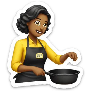 Mujer cocinando con delantal negro y amarillo sticker