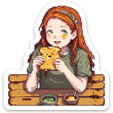 a redhead eating a grilled cheese, pixel art style sticker