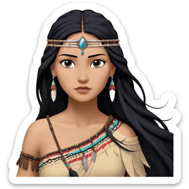 Cinematic Realistic Pocahontas Portrait, depicted with lifelike skin texture, soft natural lighting, and intricately detailed long, flowing raven-black hair that moves gracefully in the wind. Her deep, soulful dark brown eyes exude wisdom and strength, complemented by a serene yet powerful expression. She is dressed in her classic one-shoulder native american dress, with rich fabric textures and delicate beaded details that catch the light beautifully. The portrait features a soft, sun-kissed glow with a natural, radiant finish, capturing the essence of untamed beauty and deep connection to nature in a realistic and painterly style, evoking a sense of depth and authenticity. sticker