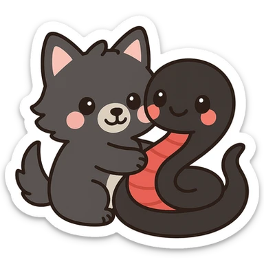 Make the snake larger, with a black body and red underbelly. The snake should be hugging the wolf back. Keep the kawaii style and ensure the background remains transparent. sticker