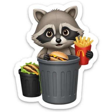 A cute raccoon eating McDonald's over a trash can sticker