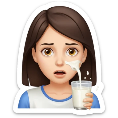 Brunette Woman with spilled milk on her face with a surprised face sticker