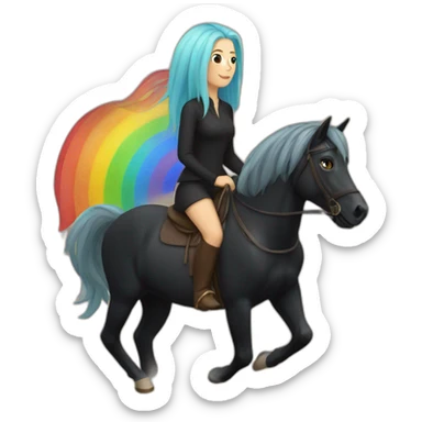 Woman whit rainbow hair riding a black horse sticker