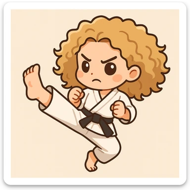 Full length shot of a blonde curly haired woman doing a karate kick, cartoon emoji style with a simple background, in chibi stickers style. sticker