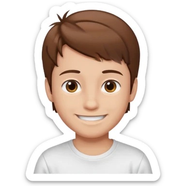 Boy with brown hair and white t-shirt sticker