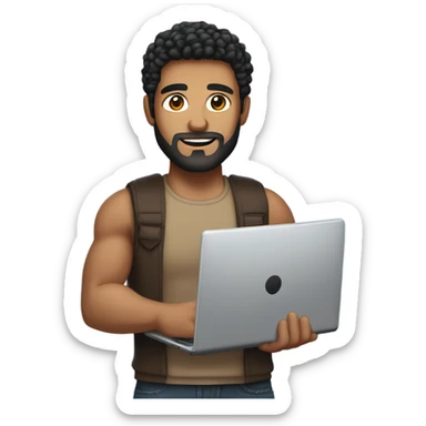 men holding his computer in hands. light brown skin men with curly black hair, dark brown eyes, little grown beard. just a tiny bit muscular. dressed casual. round face. sticker