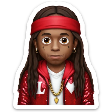 Lil Wayne with long dark brown hair, red sequin outfit sticker