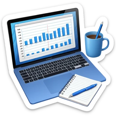 top view of a MacBook and a notebook with a pen nearby, notebook pages filled with handwritten bar charts, blue notebook sticker