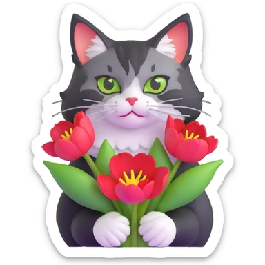 tricolor fluffy cat with big green eyes holding red tulips in her arms sticker