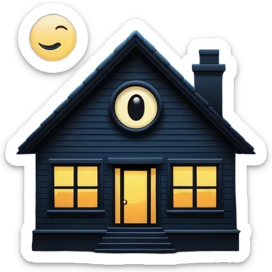 Minimalist emoji-style sticker of a house silhouette at night with a single lit window, and an eye visible inside. Flat, dark, quiet style.
 sticker