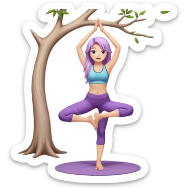 Девушка белокожая, с длинными светло-фиолетовыми волосами, в одежде для йоги, стоит в позе дерева на одной ноге, вторая нога согнута, руки вверху ладонь к ладони, в стиле бимбо пилатес, без лишних конечностей, без деревьев на фоне sticker