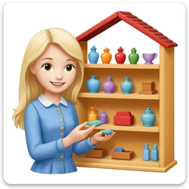 smiling girl arranging furniture in doll house sticker