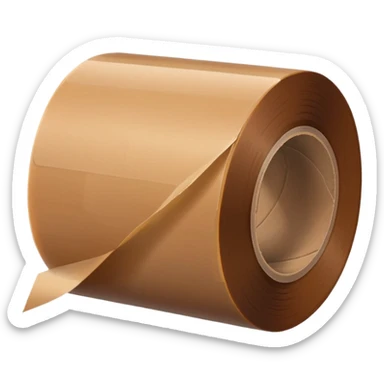 wide roll of brown packing tape with glossy semi-transparent surface and thick cardboard core, one end slightly peeled back, angled for depth, no box or dispenser, apple emoji style, soft lighting, subtle shadows, emoji scale sticker
