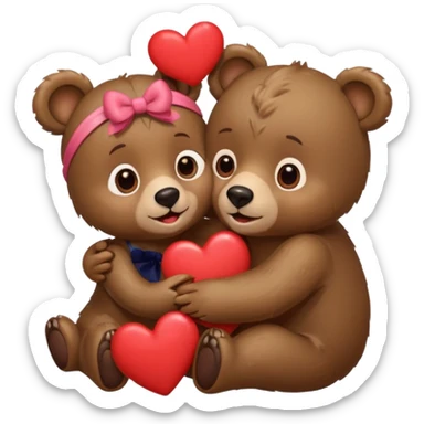 female bear with bow on her head and male bear hugging, couple, surrounded by hearts, playful and loving, cute sticker